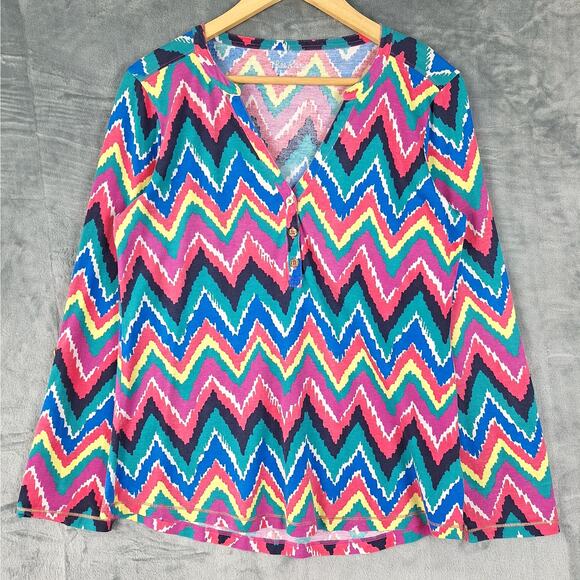 Lilly Pulitzer Top Large Preppy Chevron Stripe Colorful Pima Cotton Artsy Casual - Picture 1 of 6